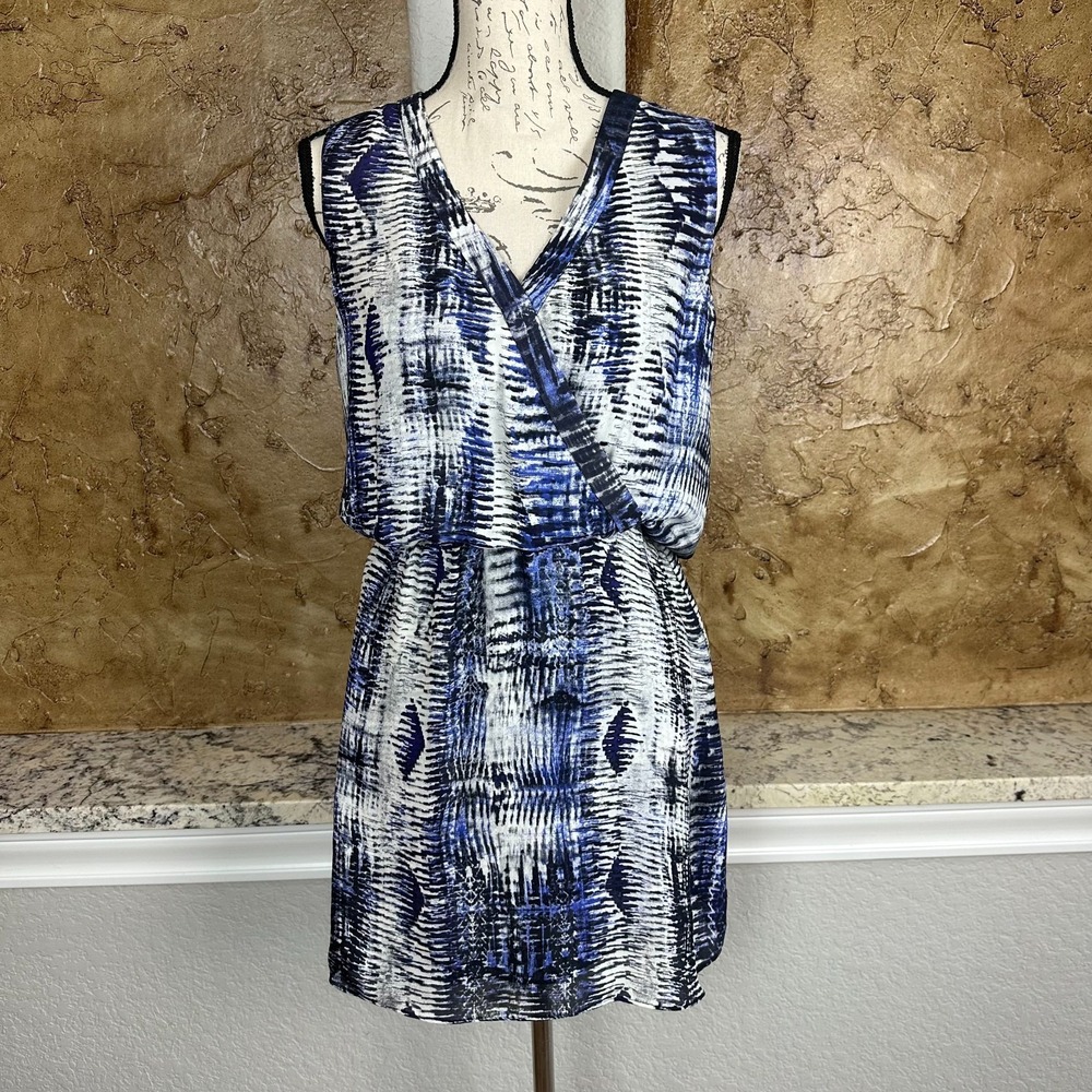 Parker Karen Baybreeze Mini Dress Women Medium Back Cutout Blue White Sleeveless